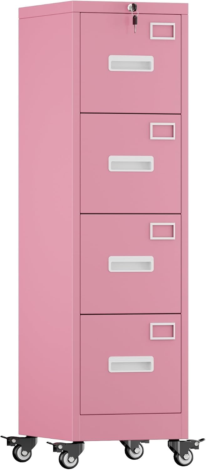Pink 4-Drawer Metal File Cabinet with Lock and Wheels L87755