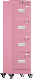 Pink 4-Drawer Metal File Cabinet with Lock and Wheels L87755