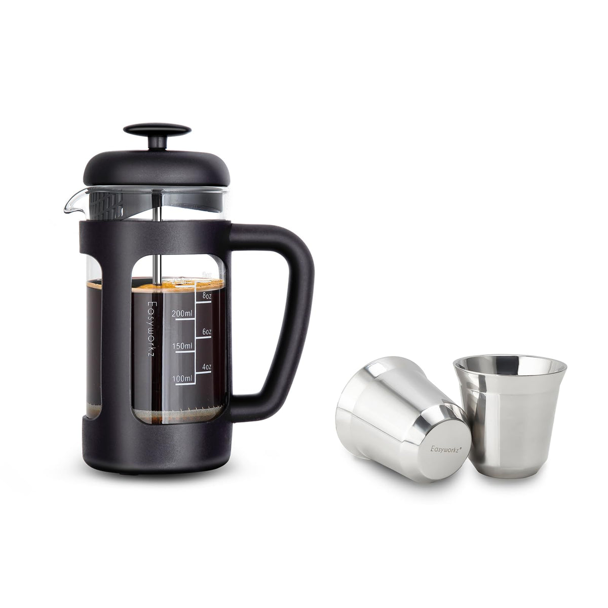 12 oz French Press with 5 oz Stainless Steel Espresso Cups D92087