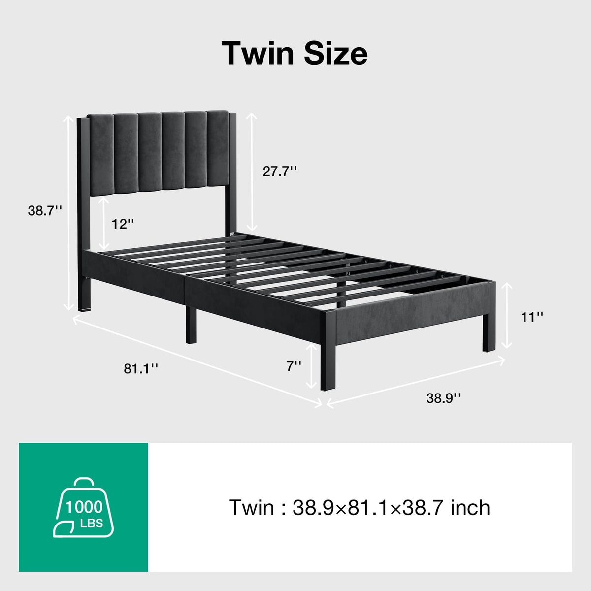 Twin Size Metal Platform Bed Frame with Velvet Headboard and Footboard C777191