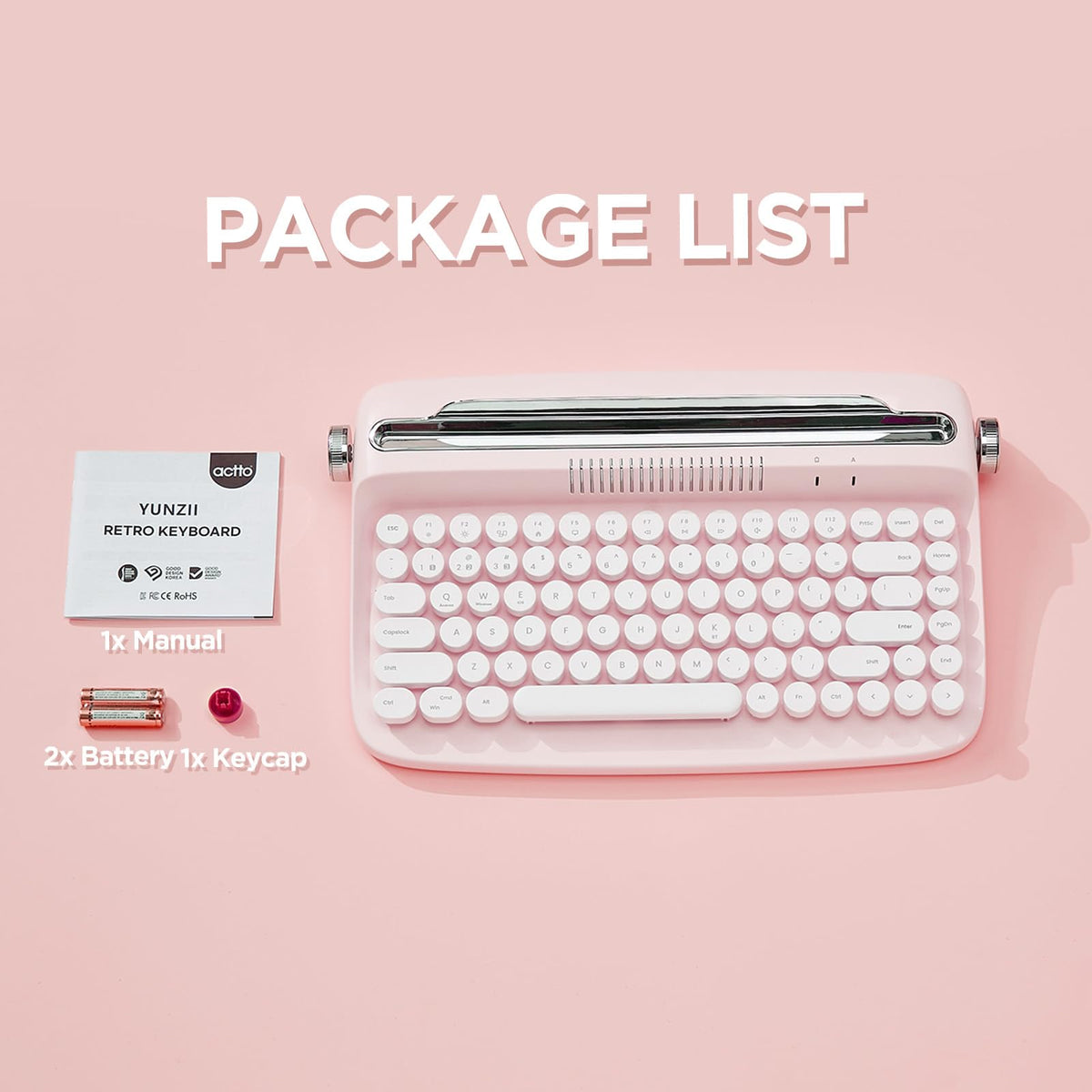 Wireless Retro Typewriter Bluetooth Keyboard Baby Pink Q358