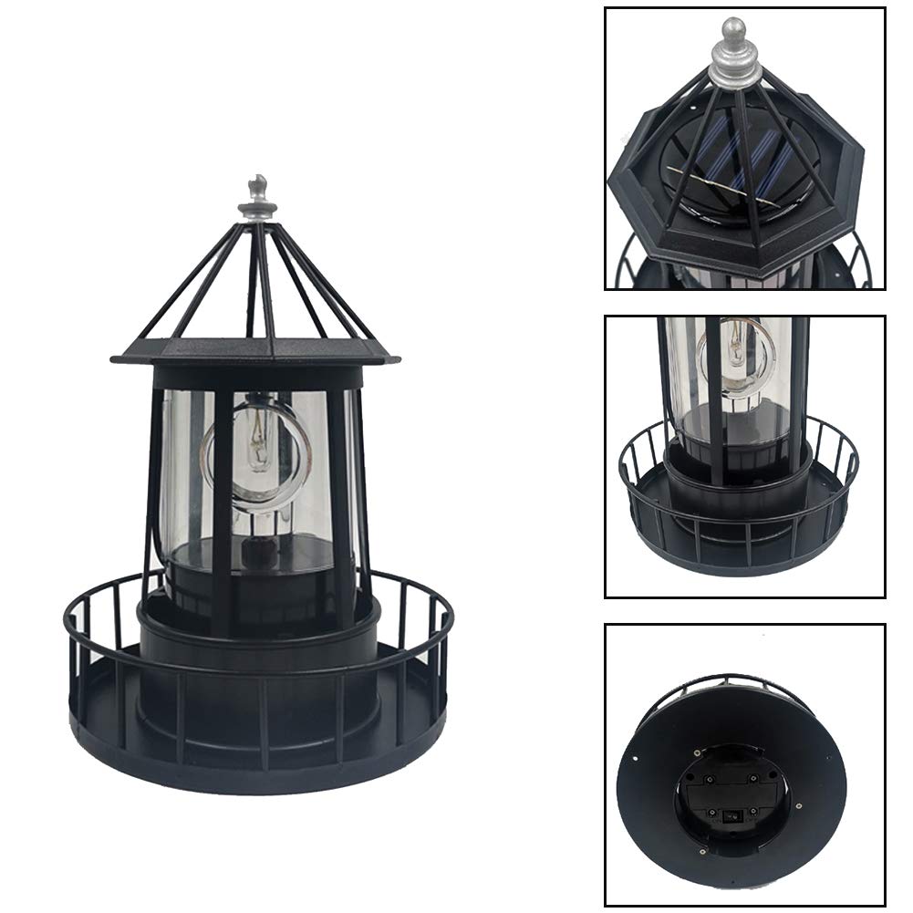 Black Solar Lighthouse Rotating Light IP65 Waterproof Outdoor LED Decor D98238
