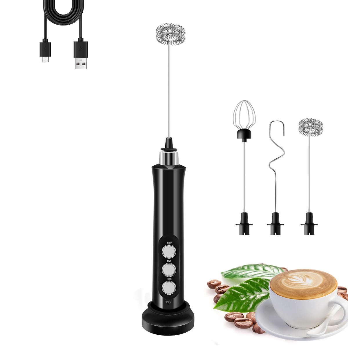 Rechargeable Handheld Milk Frother with 3 Stainless Steel Whisks N9169
