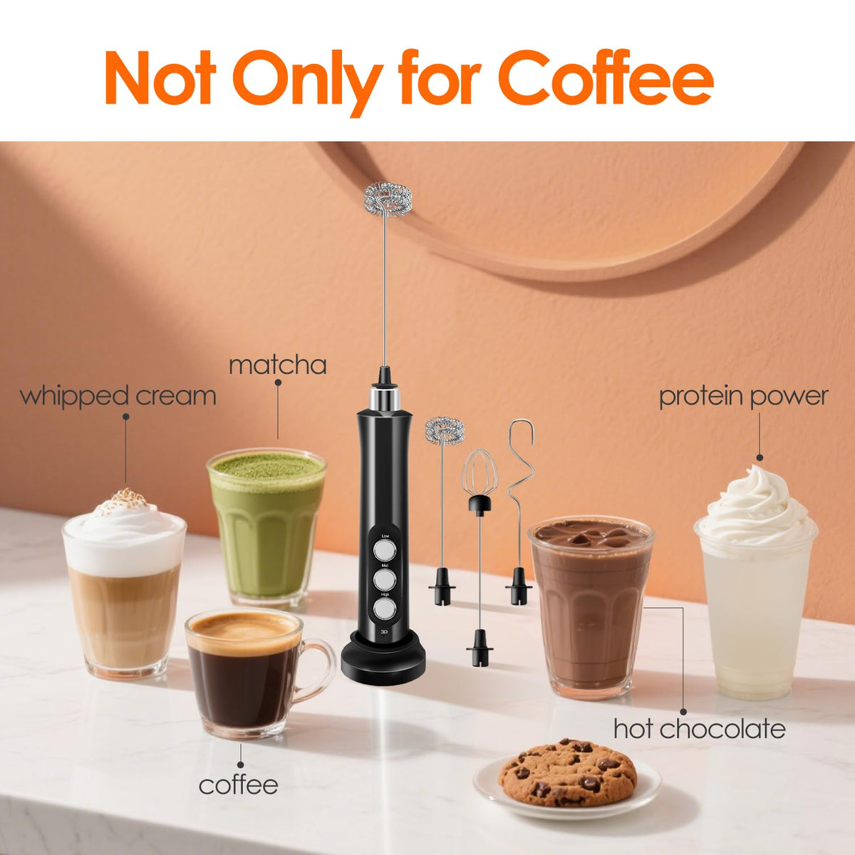 Rechargeable Handheld Milk Frother with 3 Stainless Steel Whisks N9169