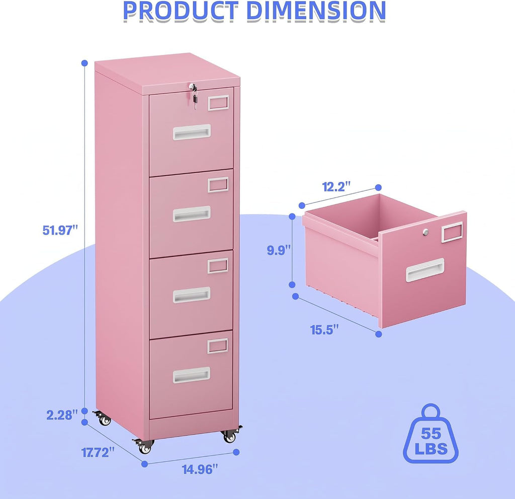Pink 4-Drawer Metal File Cabinet with Lock and Wheels L87755