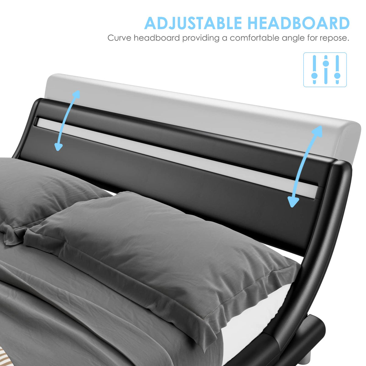 Black Upholstered Full LED Platform Bed Frame with Headboard D368407