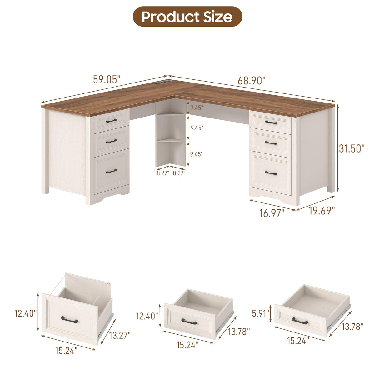 Brown L Shaped Executive Desk with 6 Drawers N72165