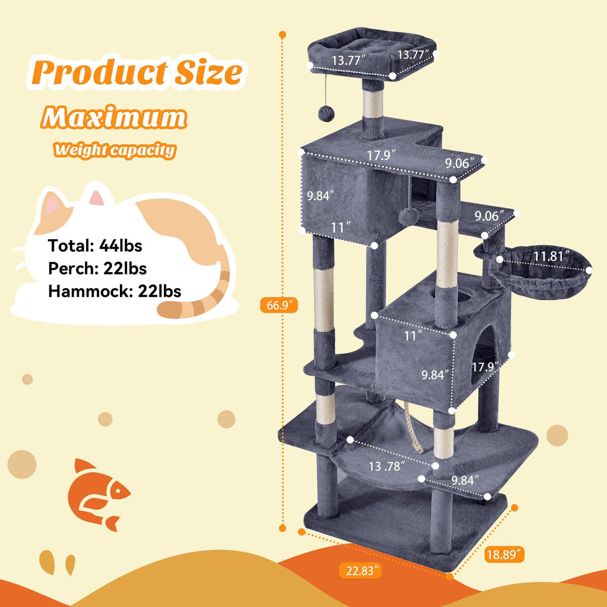 66 Inch Cat Tree Tower with Scratching Posts T5444