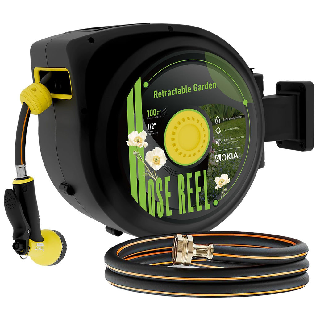 Retractable Garden Hose Reel, 1/2 in x 100 ft Wall Mounted Heavy Duty with 9 Patterns Nozzle Y42944