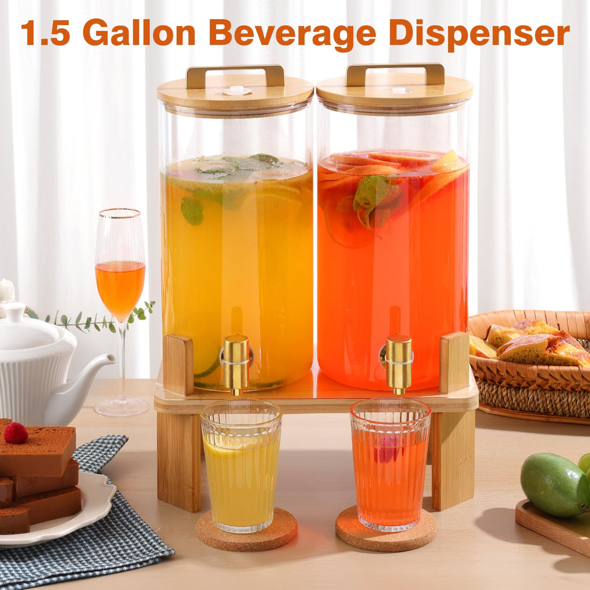 1.5 Gallon Glass Drink Dispenser with Wooden Stand K776