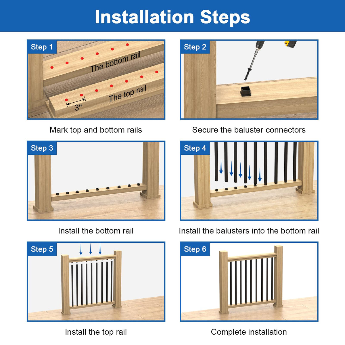 100 Pack 26" Square Black Aluminum Deck Balusters S1089