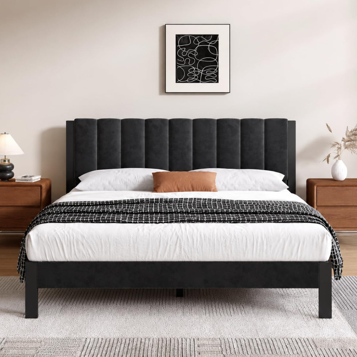 Twin Size Metal Platform Bed Frame with Velvet Headboard and Footboard C777191