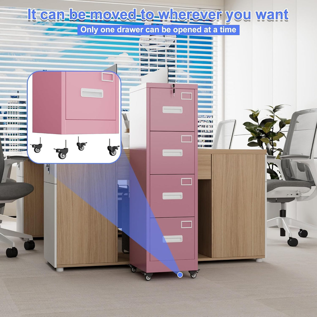 Pink 4-Drawer Metal File Cabinet with Lock and Wheels L87755