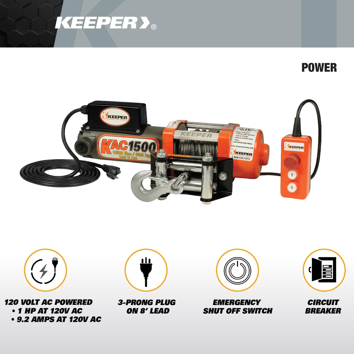 Electric Winch 110/120V AC with Remote 1500 lb. Capacity Y89381