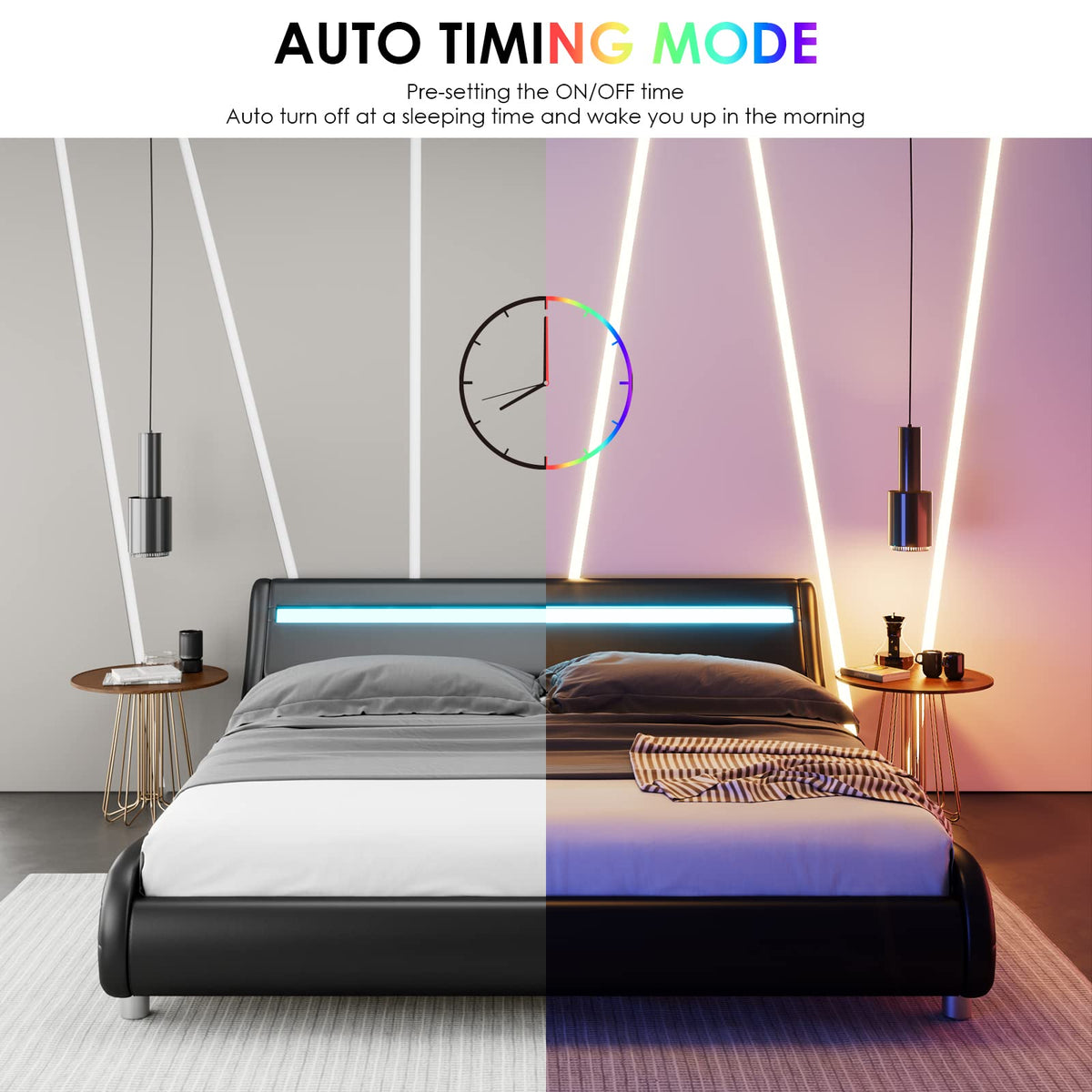 Black Upholstered Full LED Platform Bed Frame with Headboard D368407