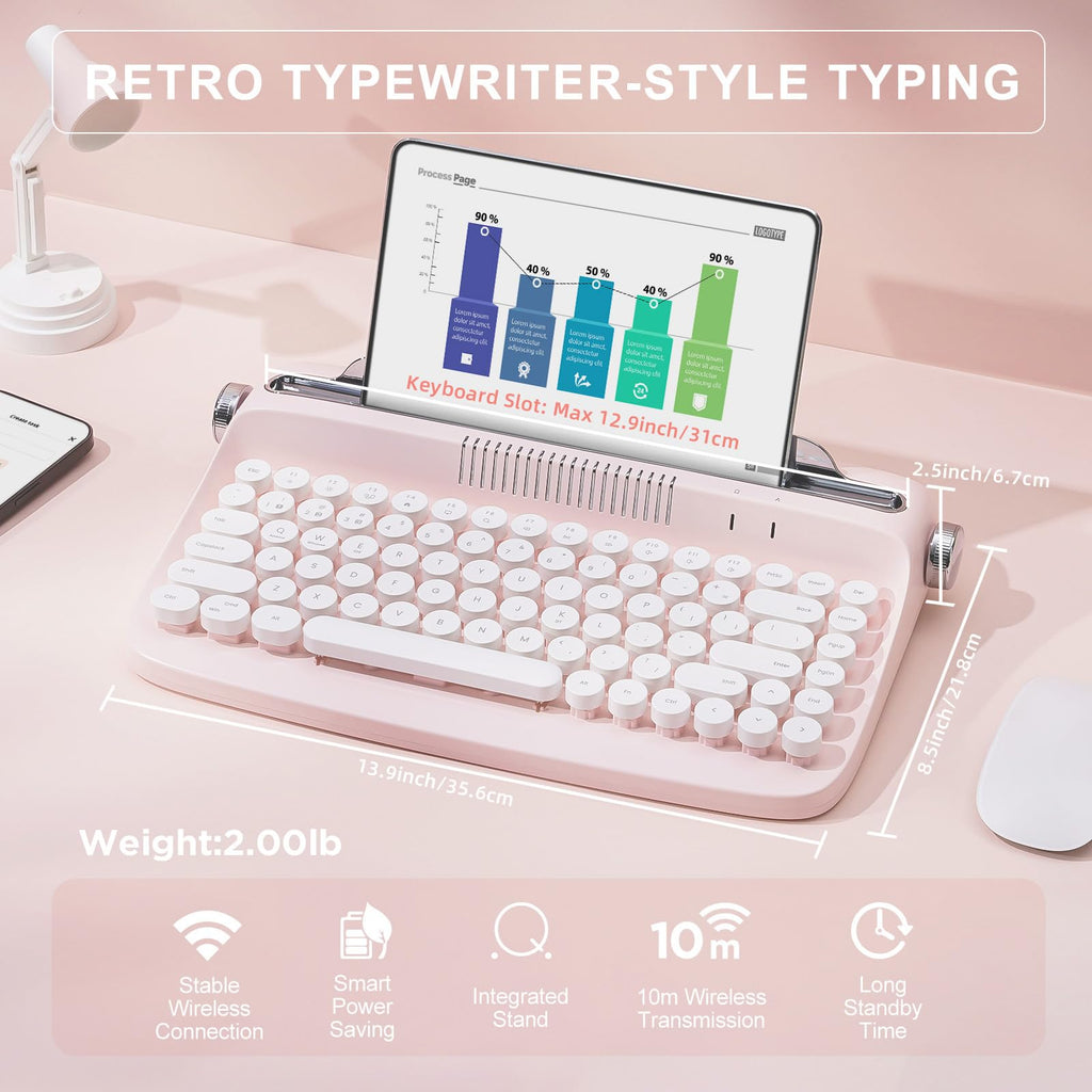 Wireless Retro Typewriter Bluetooth Keyboard Baby Pink Q358