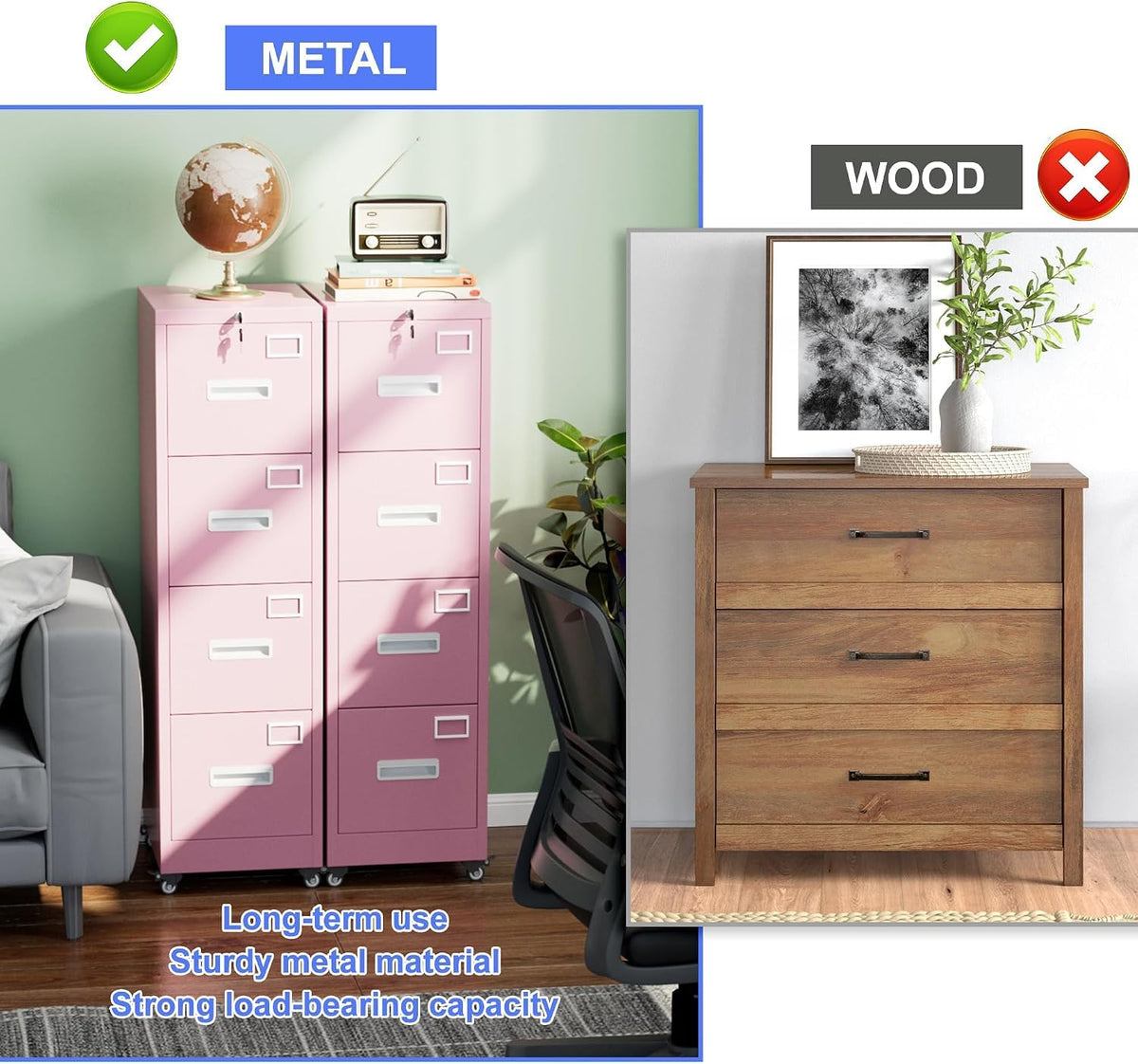 Pink 4-Drawer Metal File Cabinet with Lock and Wheels L87755