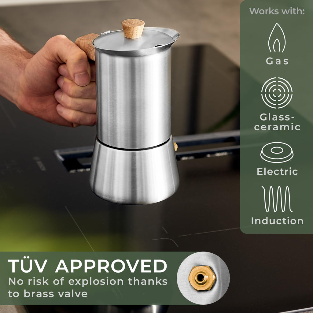 Stainless Steel Moka Pot 10oz Oak Wood Handle Stovetop Espresso Maker J617553