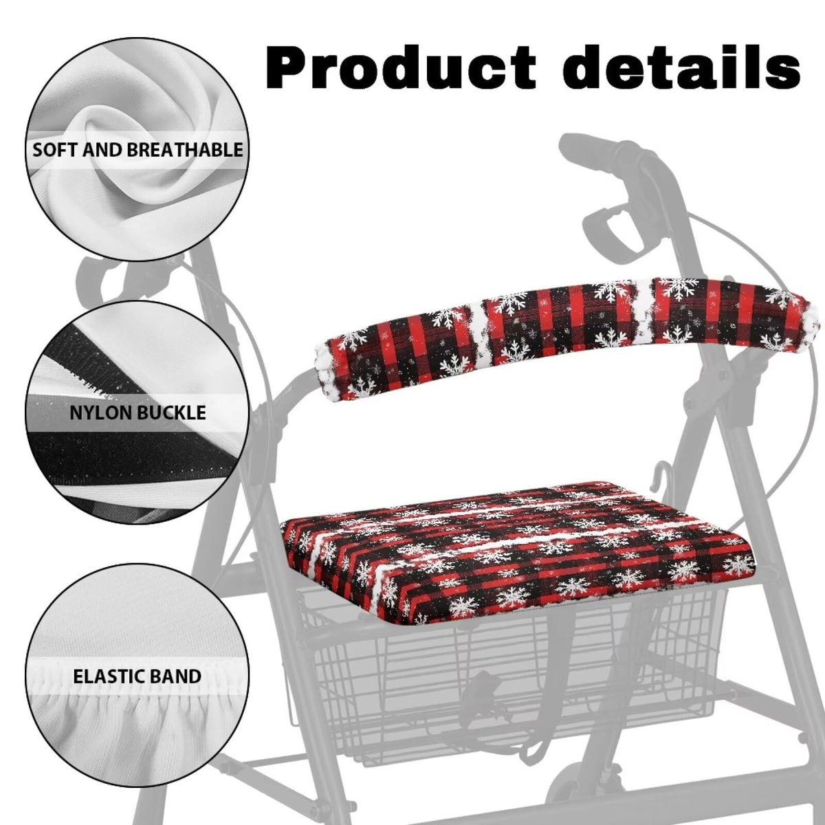 Snowflake Red Plaid Rollator Walker Seat and Backrest Cover Set K14004