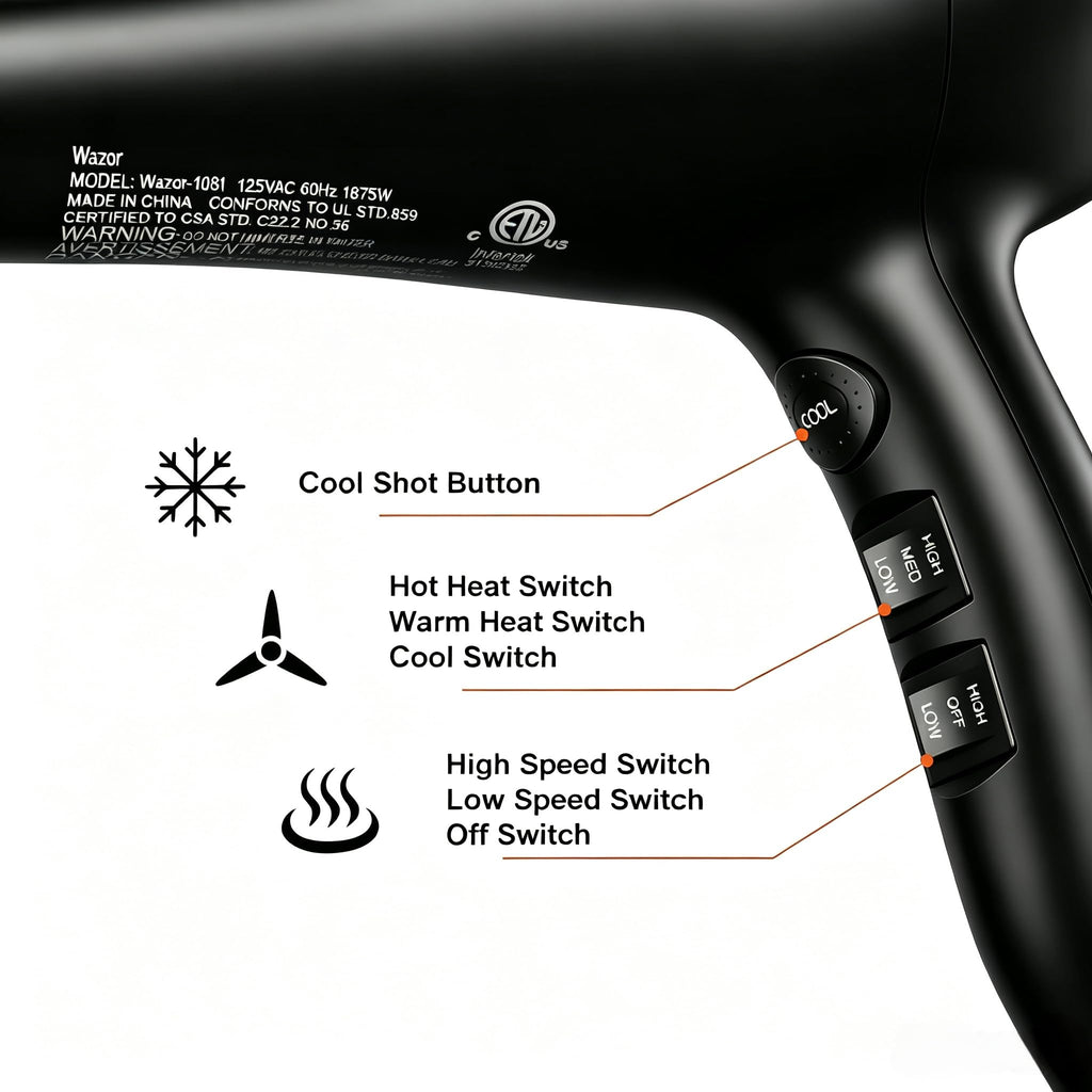 1875W Ionic Hair Dryer with Diffuser and Concentrator V9705