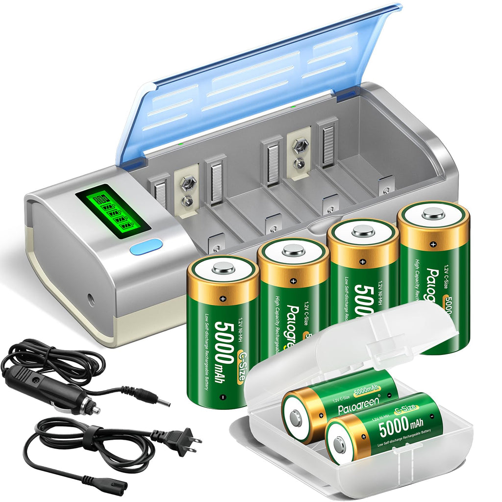 Rechargeable C Batteries with Charger, 6-Pack 1.2V NiMH 5000mAh Q125385