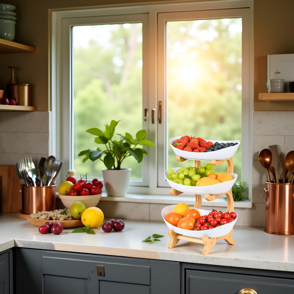 3 Tier Plastic Fruit Bowl with Bamboo Stand B97985