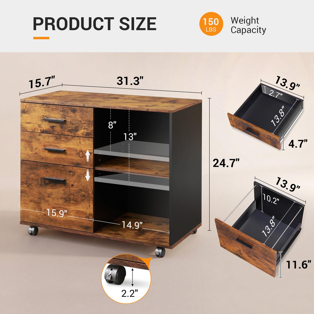 3 Drawer Wood File Cabinet with Storage Shelf D7611