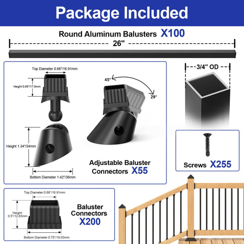 100 Pack 26" Square Black Aluminum Deck Balusters S1089
