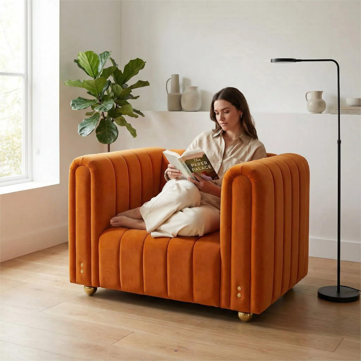 40" Orange Velvet Accent Chair with Gold Metal Legs N860112
