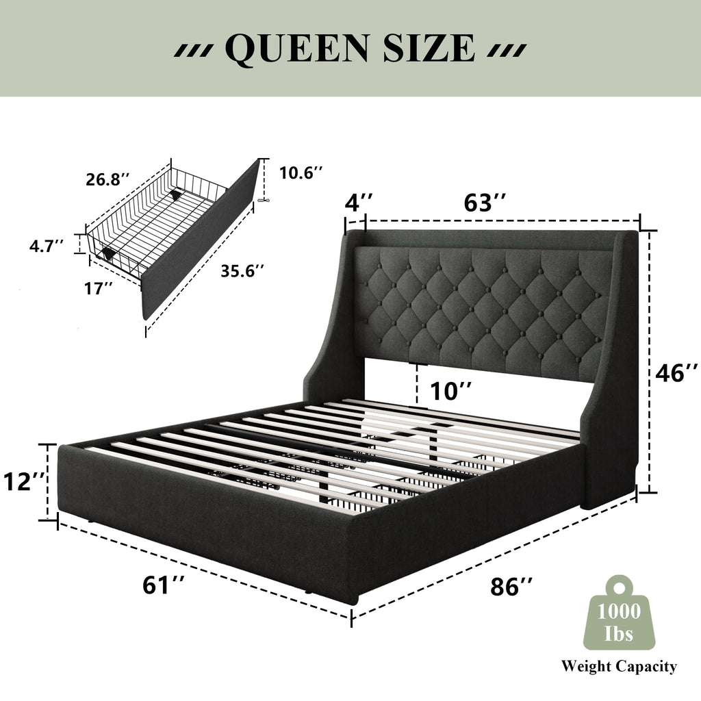Queen Bed Frame with 4 Storage Drawers Upholstered Dark Grey Y578