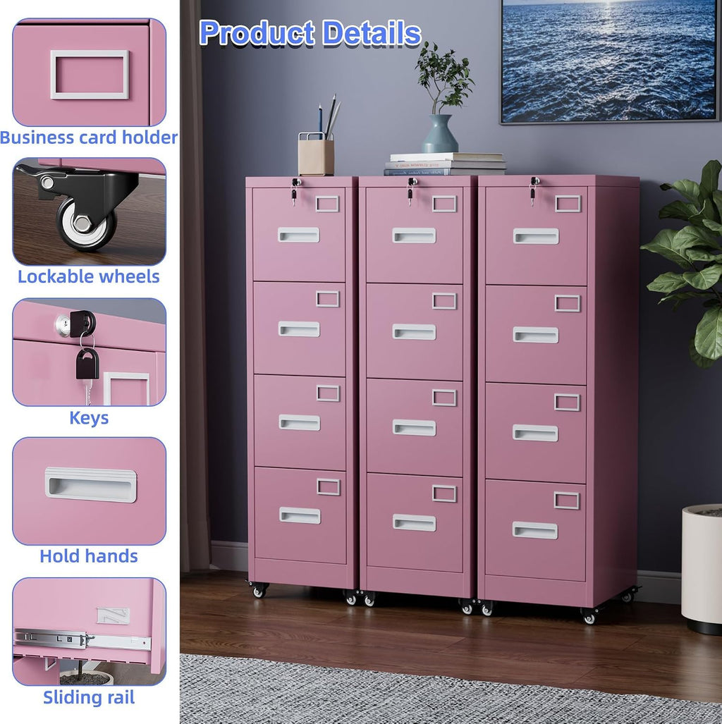 Pink 4-Drawer Metal File Cabinet with Lock and Wheels L87755