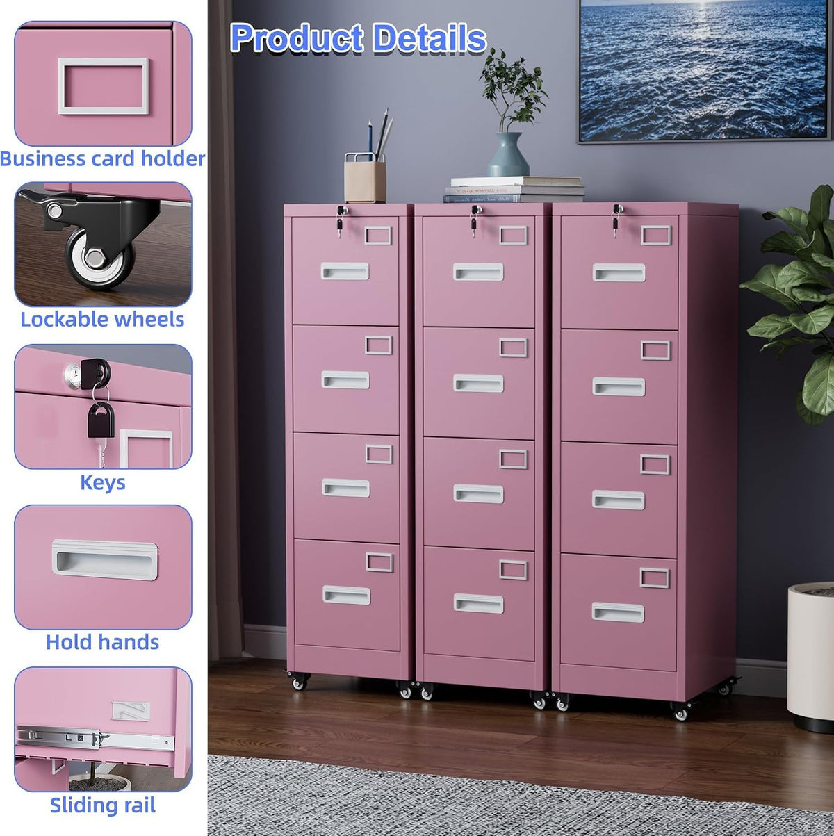 Pink 4-Drawer Metal File Cabinet with Lock and Wheels L87755