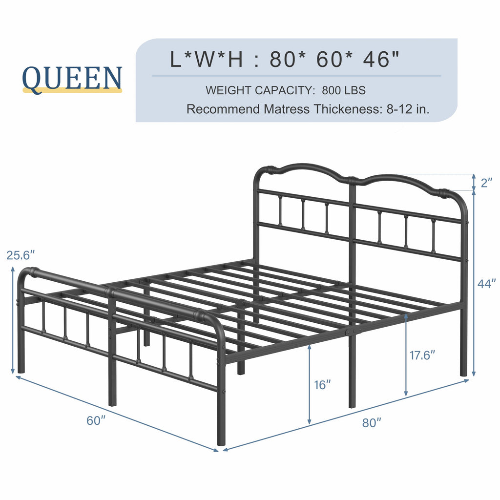 Queen Size 18 Inches Metal Bed Frame with Headboard T8579