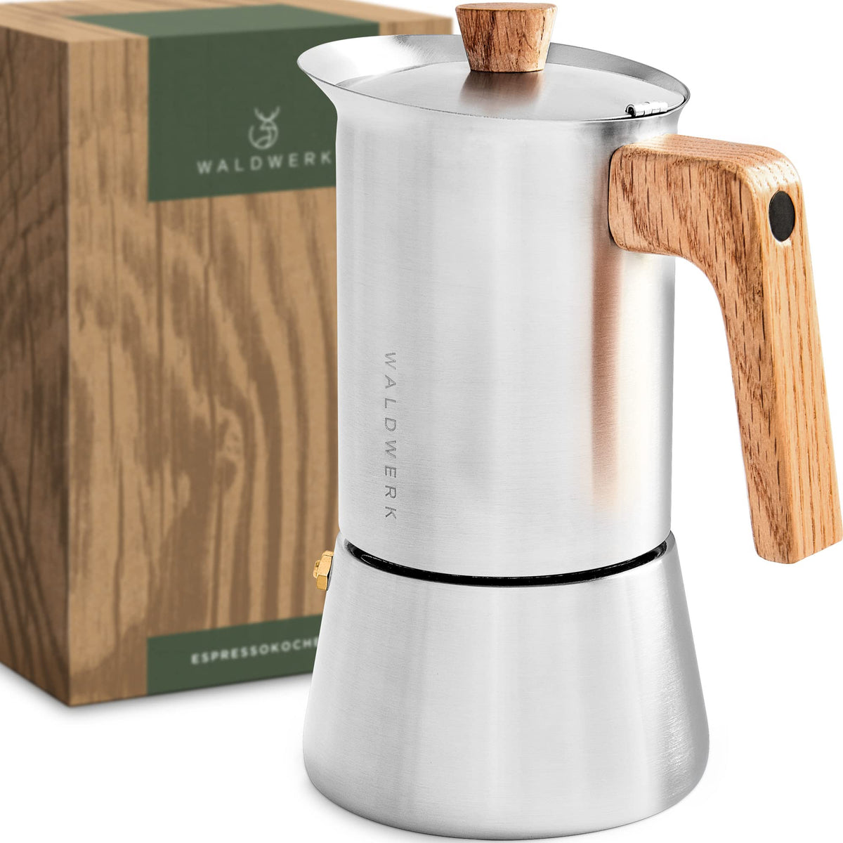 Stainless Steel Moka Pot 10oz Oak Wood Handle Stovetop Espresso Maker J617553