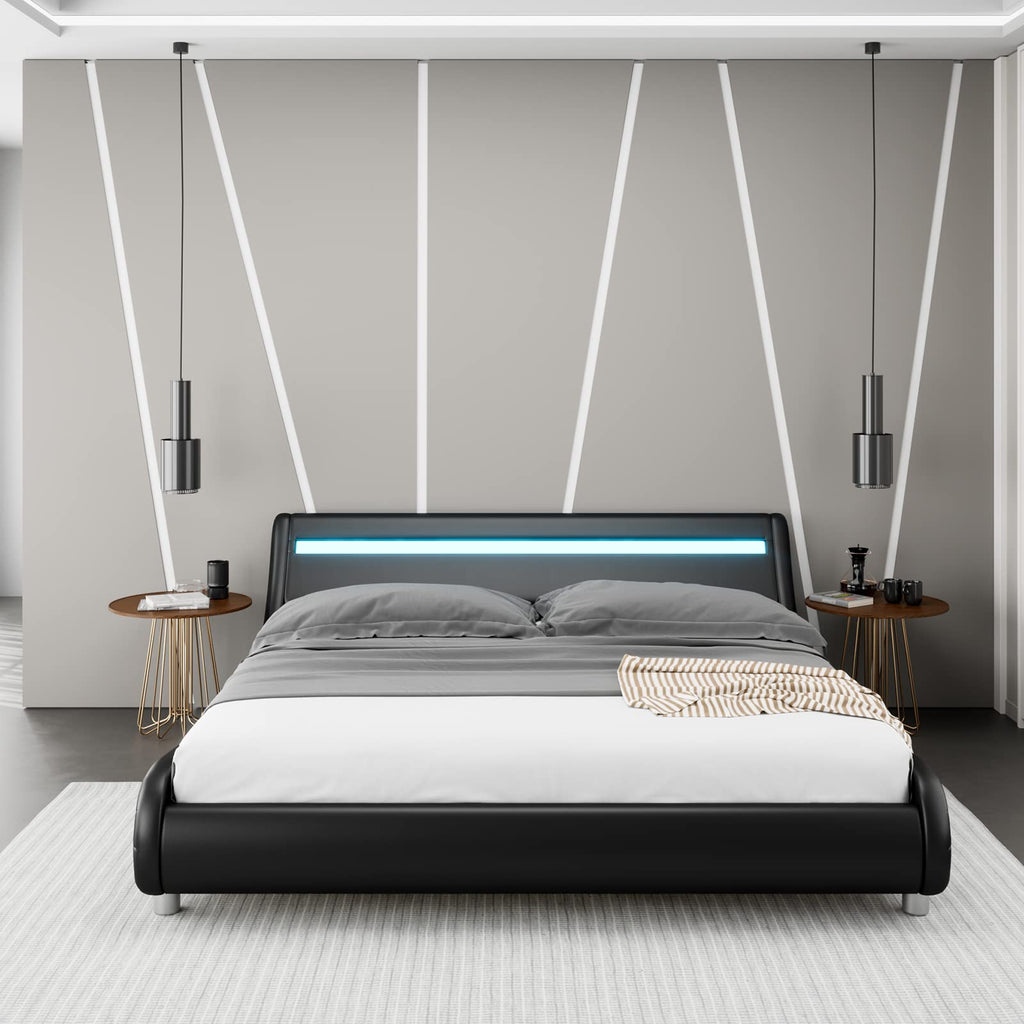 Black Upholstered Full LED Platform Bed Frame with Headboard D368407