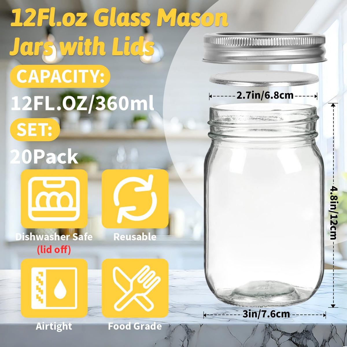 12 oz Regular Mouth Mason Jars 20 Pack U6804