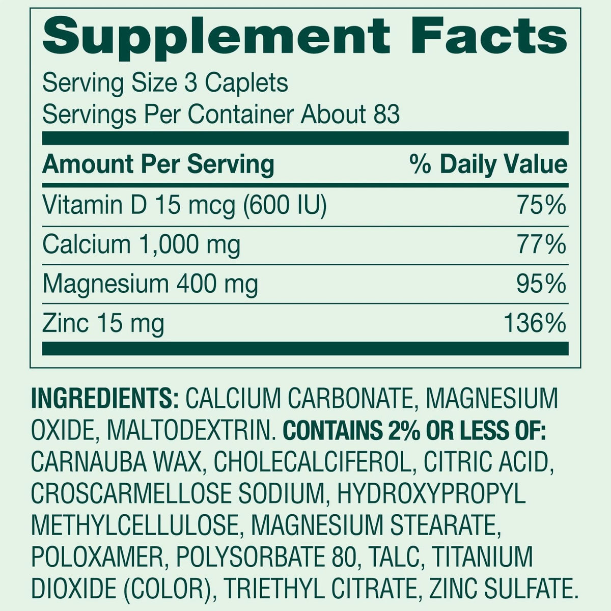 Calcium Magnesium Zinc Vitamin D3 Dietary Supplement 250 Coated Caplets F18956