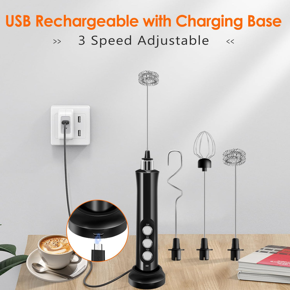 Rechargeable Handheld Milk Frother with 3 Stainless Steel Whisks N9169