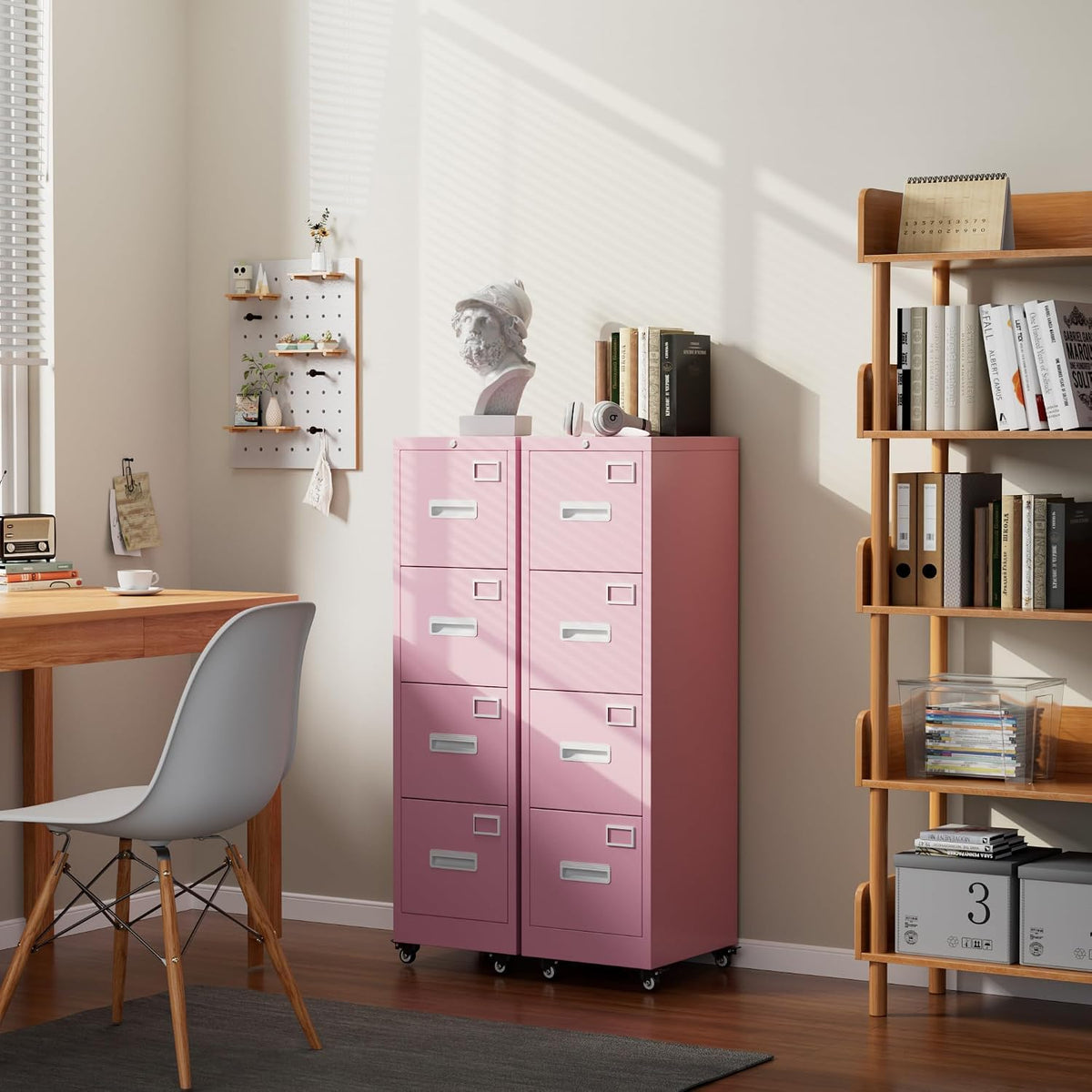 Pink 4-Drawer Metal File Cabinet with Lock and Wheels L87755