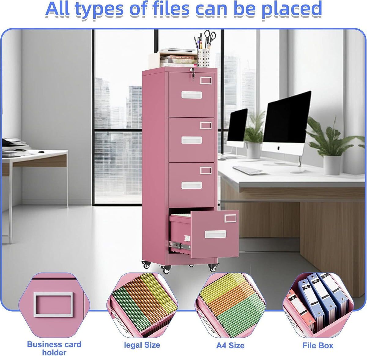 Pink 4-Drawer Metal File Cabinet with Lock and Wheels L87755