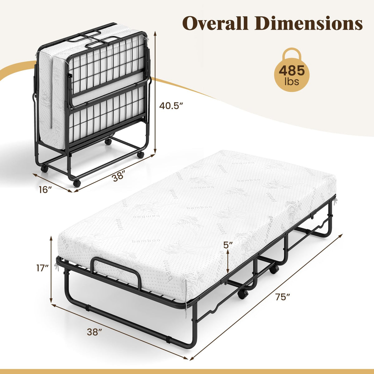 Folding Bed with 5-Inch Mattress, Twin Size Foldable Guest Bed with Metal Frame X59166