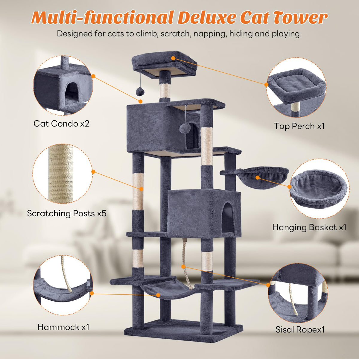 66 Inch Cat Tree Tower with Scratching Posts T5444