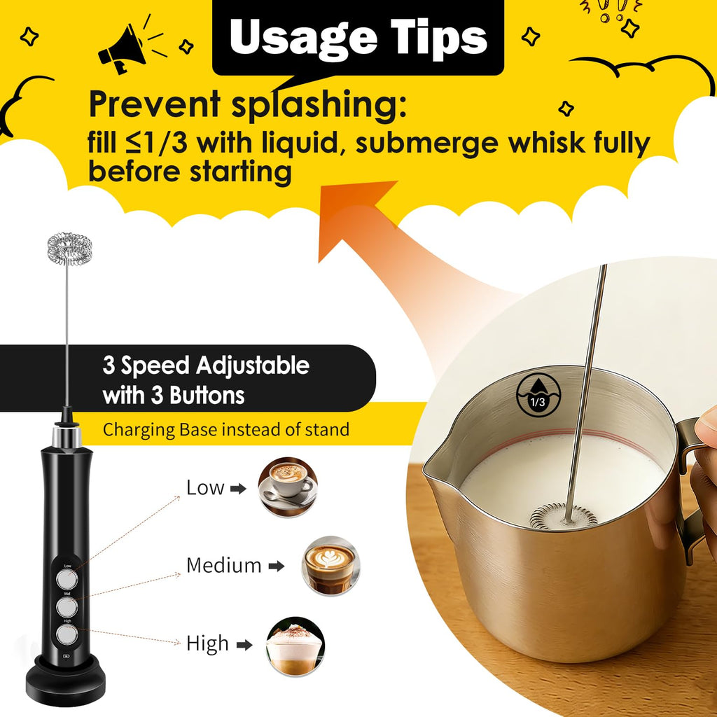 Rechargeable Handheld Milk Frother with 3 Stainless Steel Whisks N9169