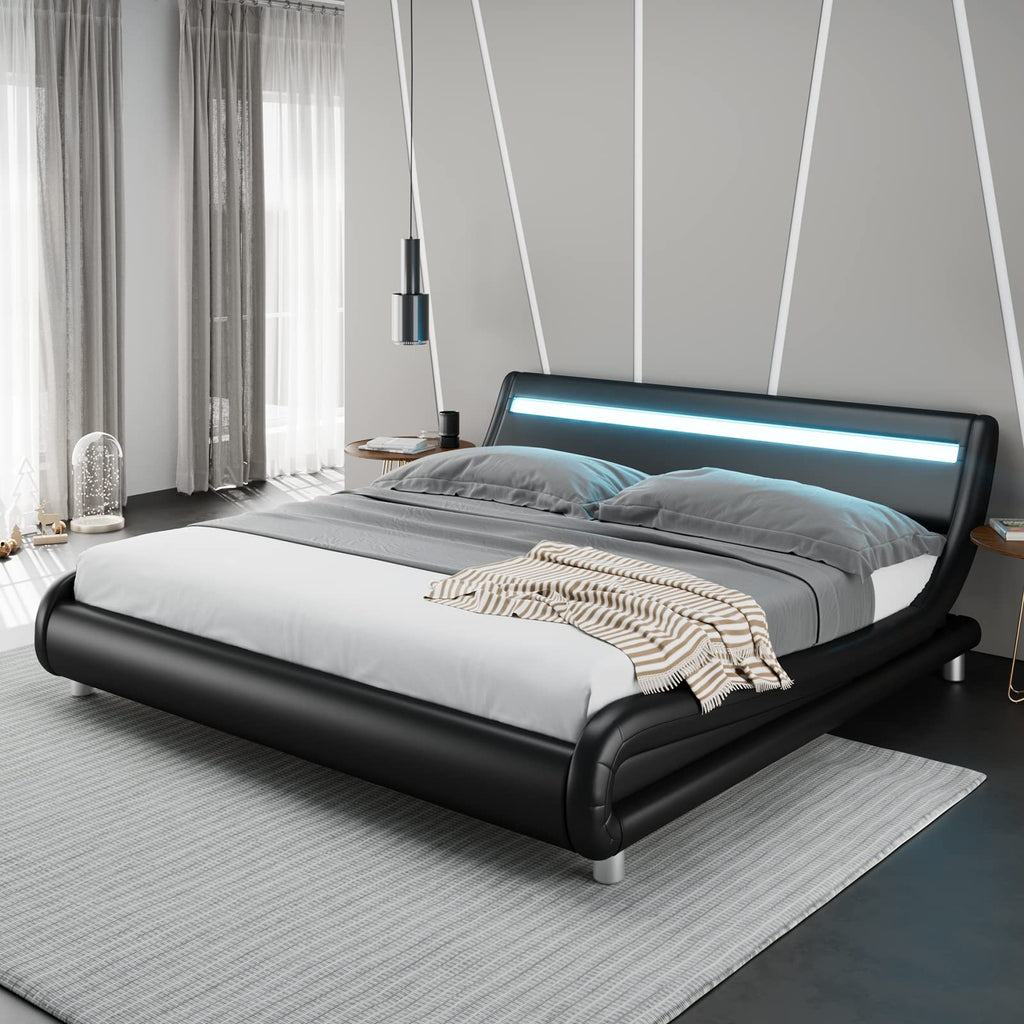 Black Upholstered Full LED Platform Bed Frame with Headboard D368407