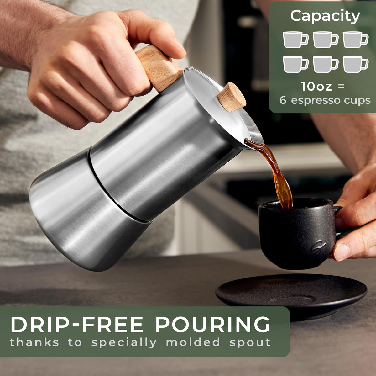Stainless Steel Moka Pot 10oz Oak Wood Handle Stovetop Espresso Maker J617553