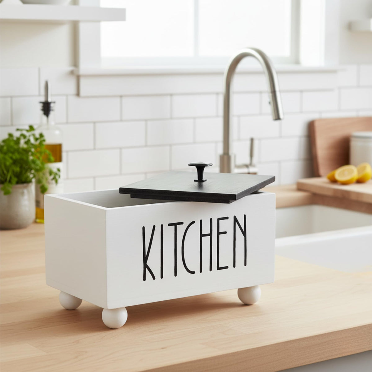 Solid Wood Kitchen Storage Bin with Lid X342099