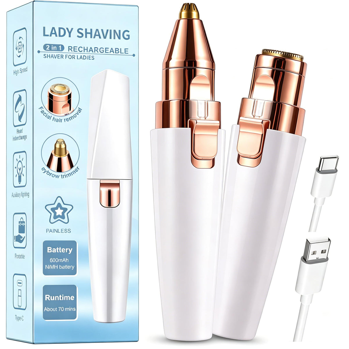 2 in 1 Electric Facial Hair Removal with LED Light O604
