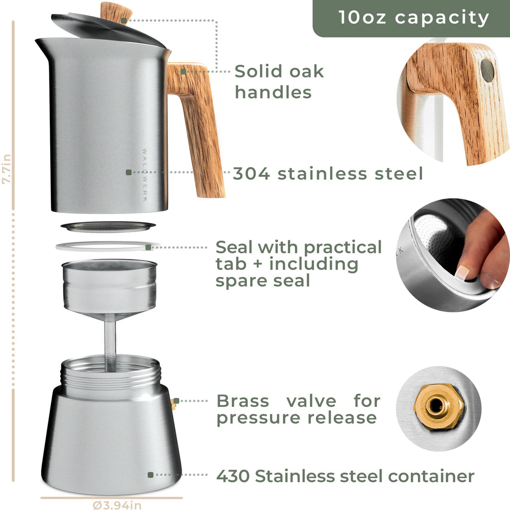 Stainless Steel Moka Pot 10oz Oak Wood Handle Stovetop Espresso Maker J617553