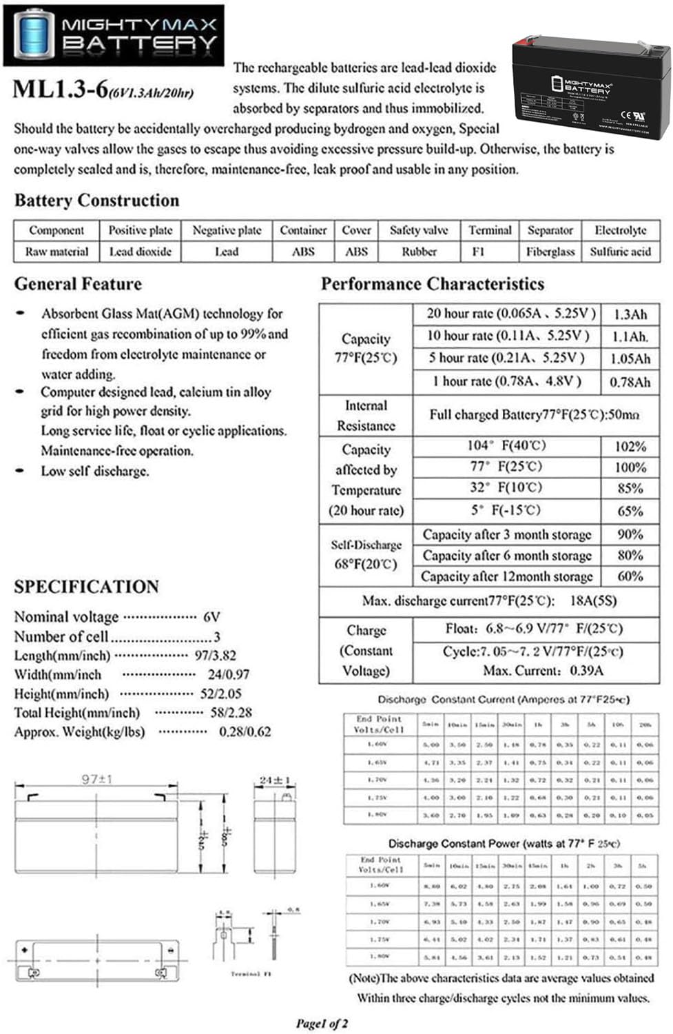 6V 1.3Ah SLA Replacement Battery 4 Pack B228