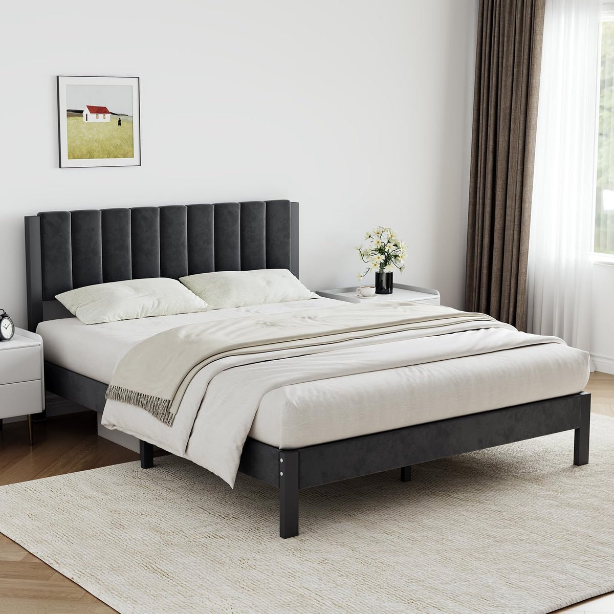 Twin Size Metal Platform Bed Frame with Velvet Headboard and Footboard C777191